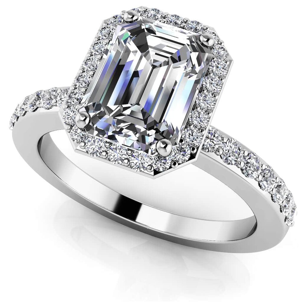 3 Carat Emerald Cut Lab Diamond Hallo Engagement Ring